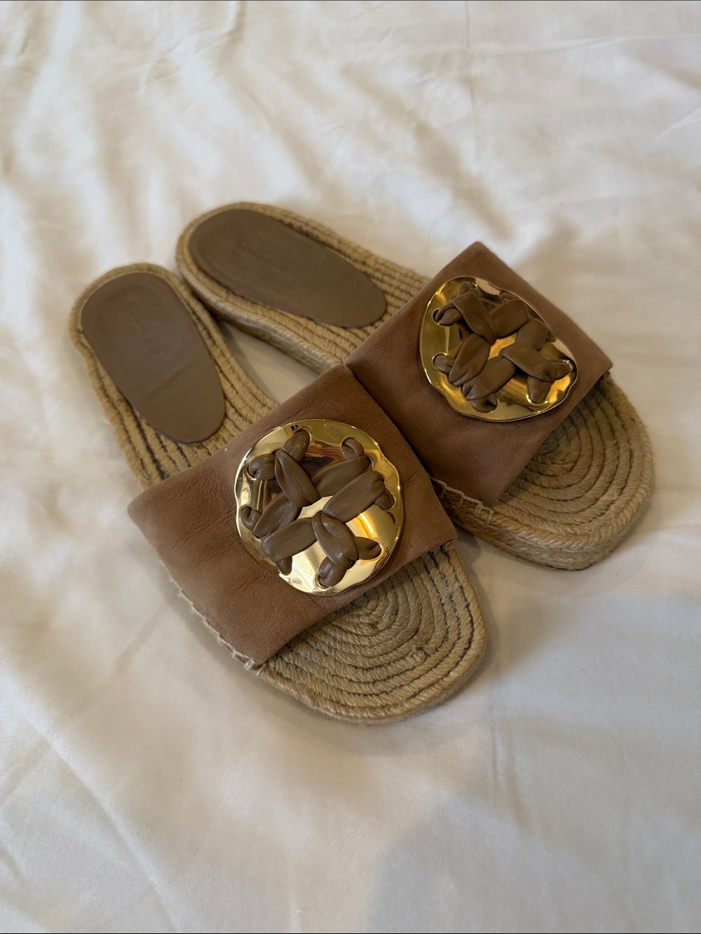 Tory Burch Slide Sandals with Tan Suede & Gold Emblem